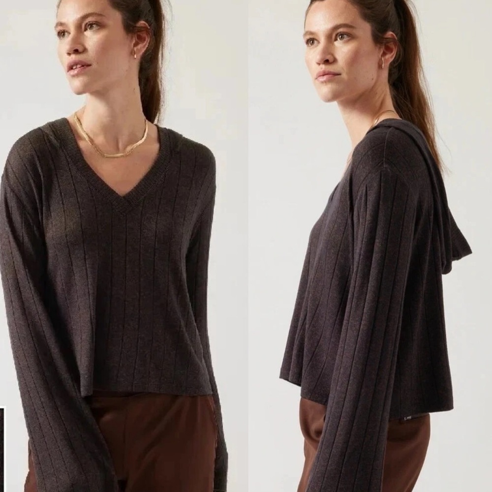 Athleta Harmony Pose Ribbed Hoodie‎ In Mahogany Heather Brown Women's Size XS